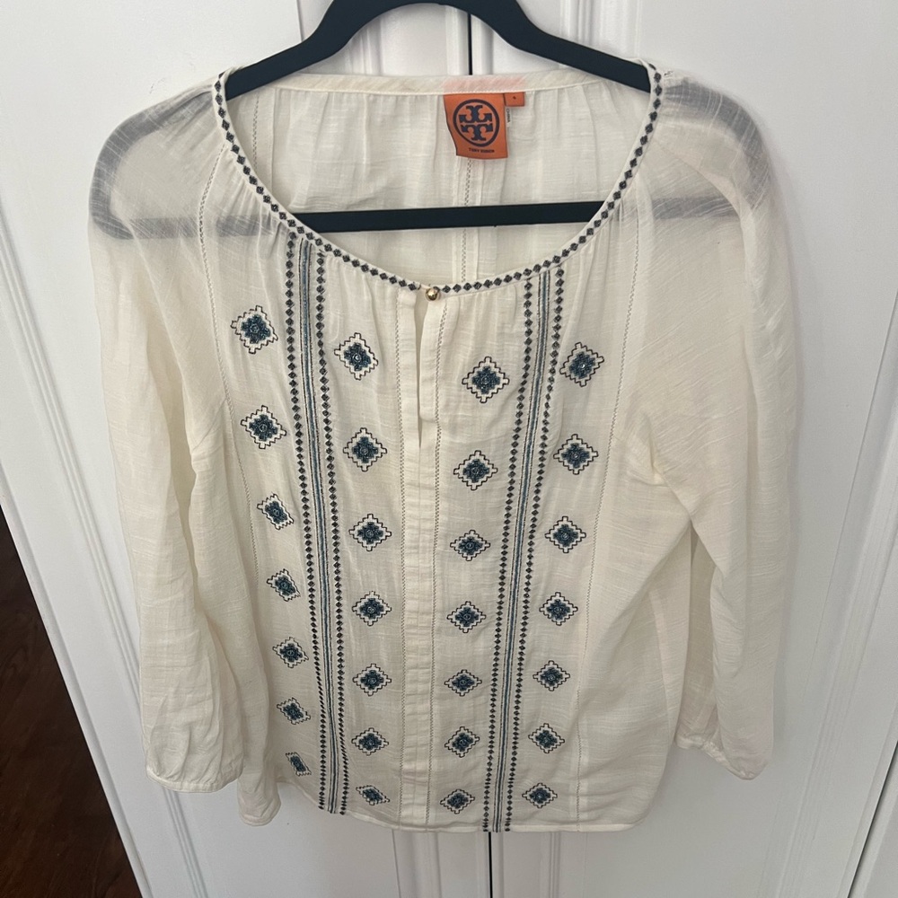 Tory Burch Cream 3/4 Sleeve Embellished Blouse